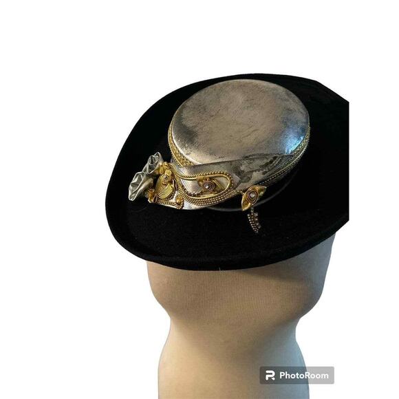 RARE! Sonni of San Francisco BlackGOLD Wool Derby Hat Vintage 1980s Wide Brim - Picture 3 of 5